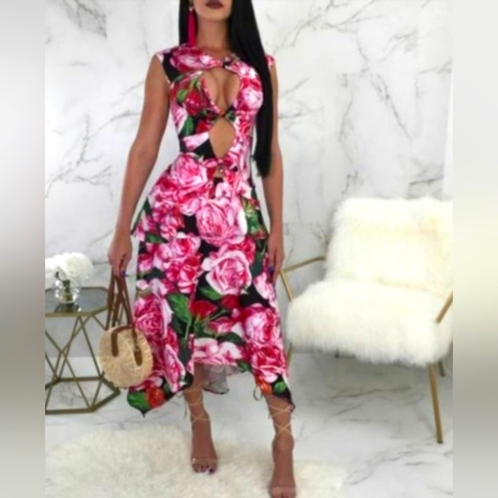 L'atiste Pink Rose Floral Bow Asymmetrical Cutout Sexy Mermaid Maxi Dress Size S